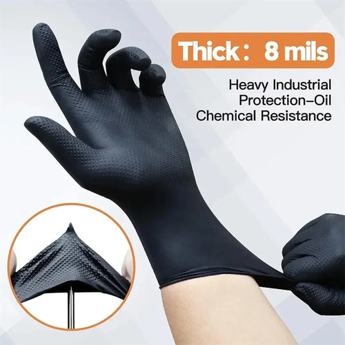8Mil Black Nitrile Gloves Disposable Heavy Duty Industrial Work Gloves with Diamond Texture Latex Free Mechanic Tattoo Gloves